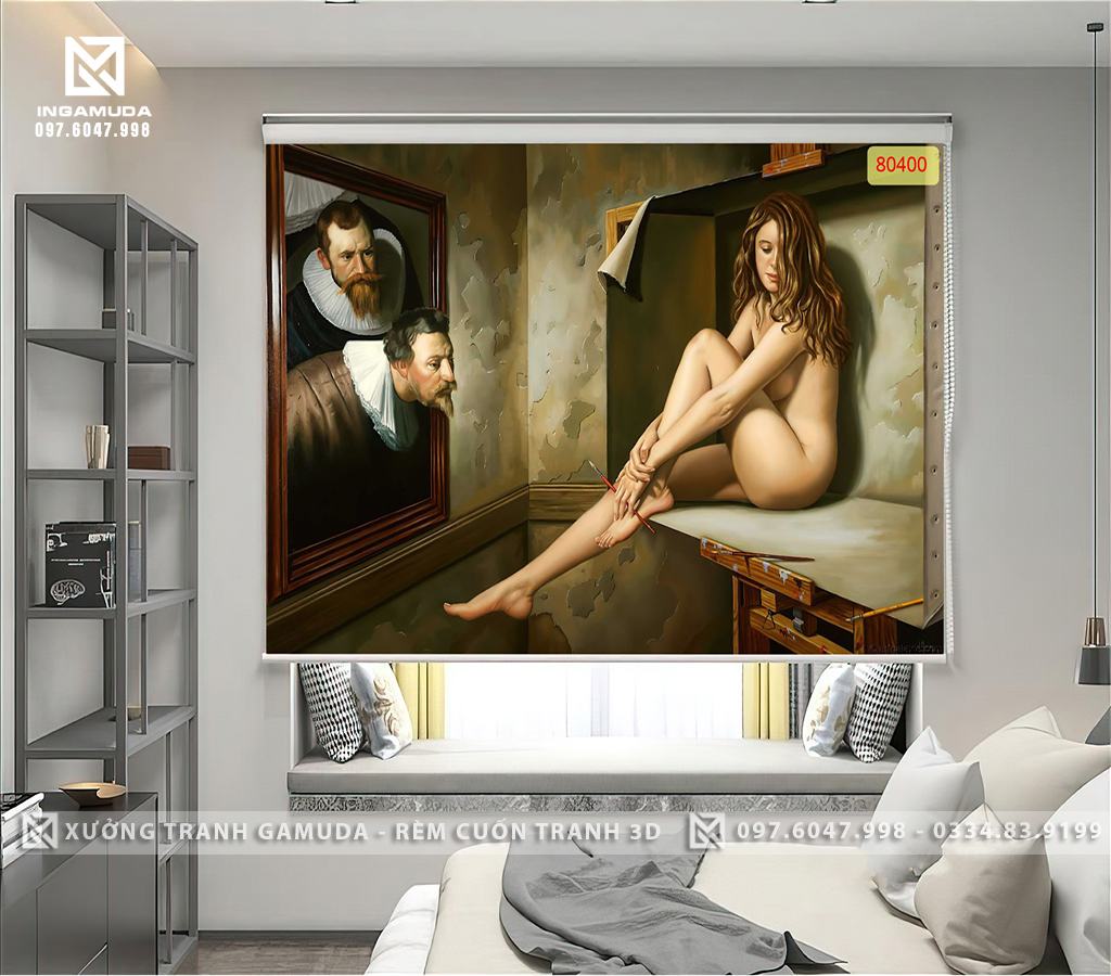 Rèm cuốn in tranh 3D nghệ thuật nude hình cô gái khỏa thân trong tranh rèm cuốn cho nhà nghỉ khách sạn