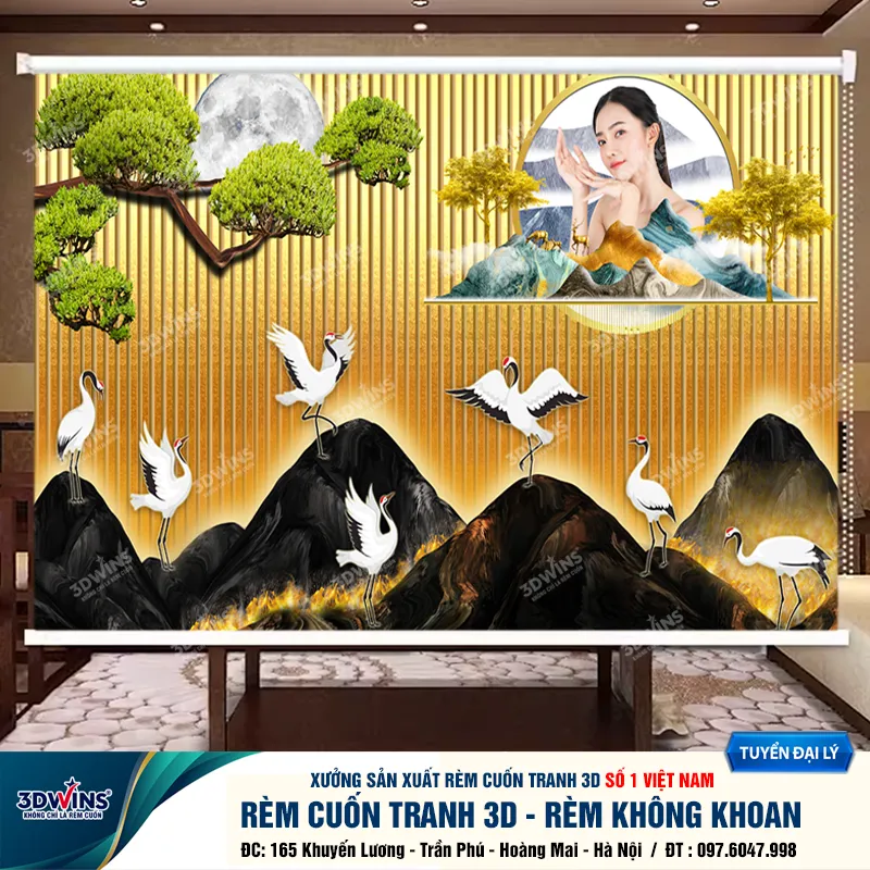 Rèm cuốn in tranh lam sóng - Rèm cuốn không khoan trang trí phòng siêu ấn tượng