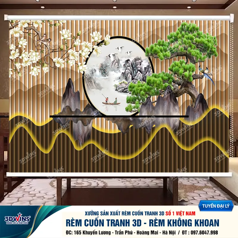 rèm cuốn không khoan in tranh thuỷ mặc con thuyền tại xưởng rèm 3DWins