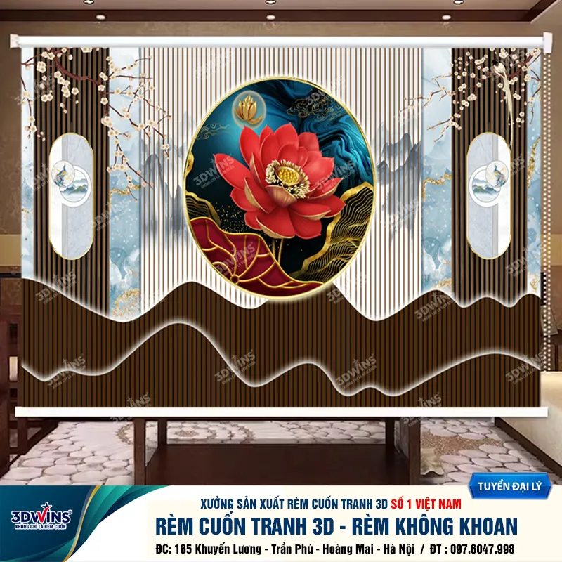 Rèm cuốn không cần khoan in tranh lam sóng tại xưởng rèm 3DWins