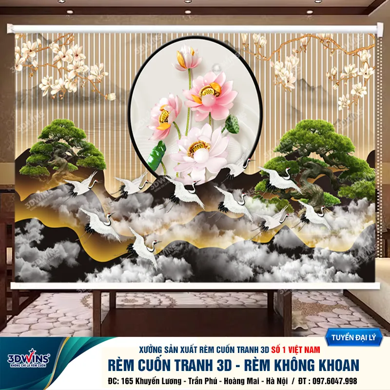 Rèm cuốn không khoan in tranh hoa sen cho quán dưỡng sinh