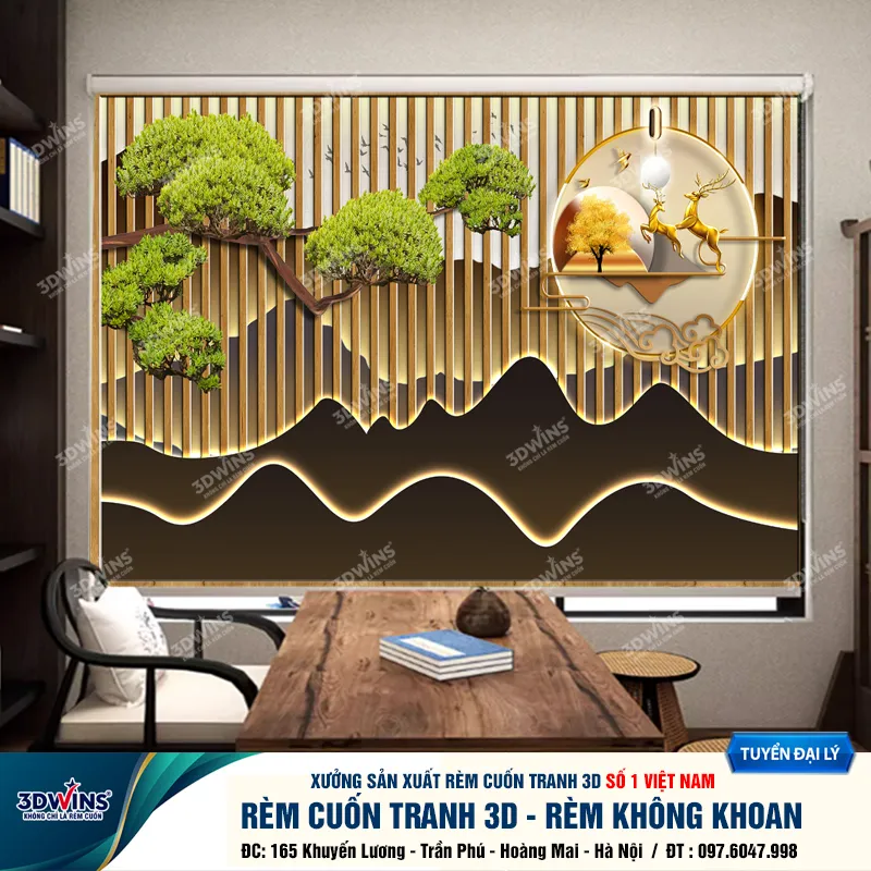 Rèm cuốn không khoan in tranh tài lộc tại xưởng rèm 3DWins