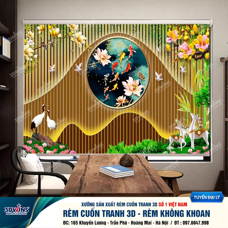 Rèm cuốn không khoan in tranh cá chép hoa sen cho các quán dưỡng sinh